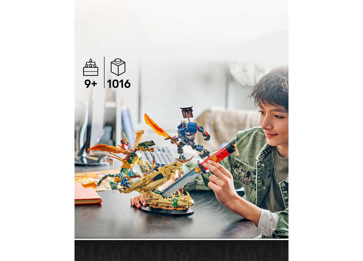 LEGO NINJAGO Battle at the Dragon's Blade 71871 set with 1,016 pieces featuring golden dragon and blue ninja warrior ...