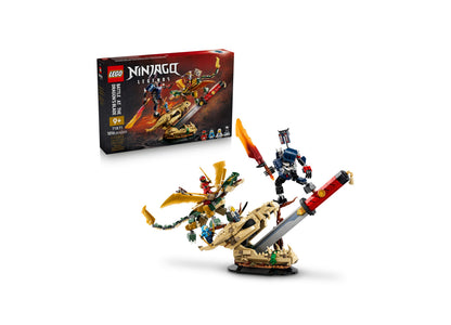 LEGO NINJAGO Battle at the Dragon's Blade 71871 set with gold and red dragon mech, blue ninja robot, and minifigures