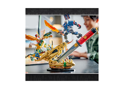 LEGO NINJAGO Battle at the Dragon's Blade set with gold dragon, blue robot, and colorful minifigures