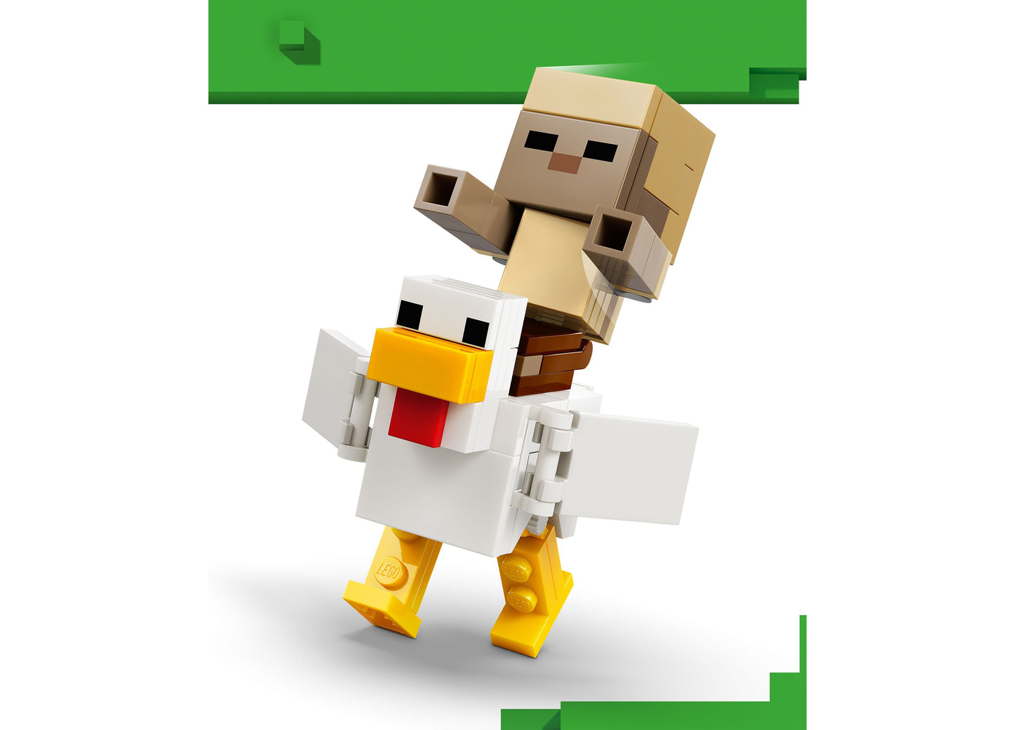 LEGO Minecraft Chicken Jockey 21592 building set featuring tan Steve minifigure riding white chicken with yellow legs