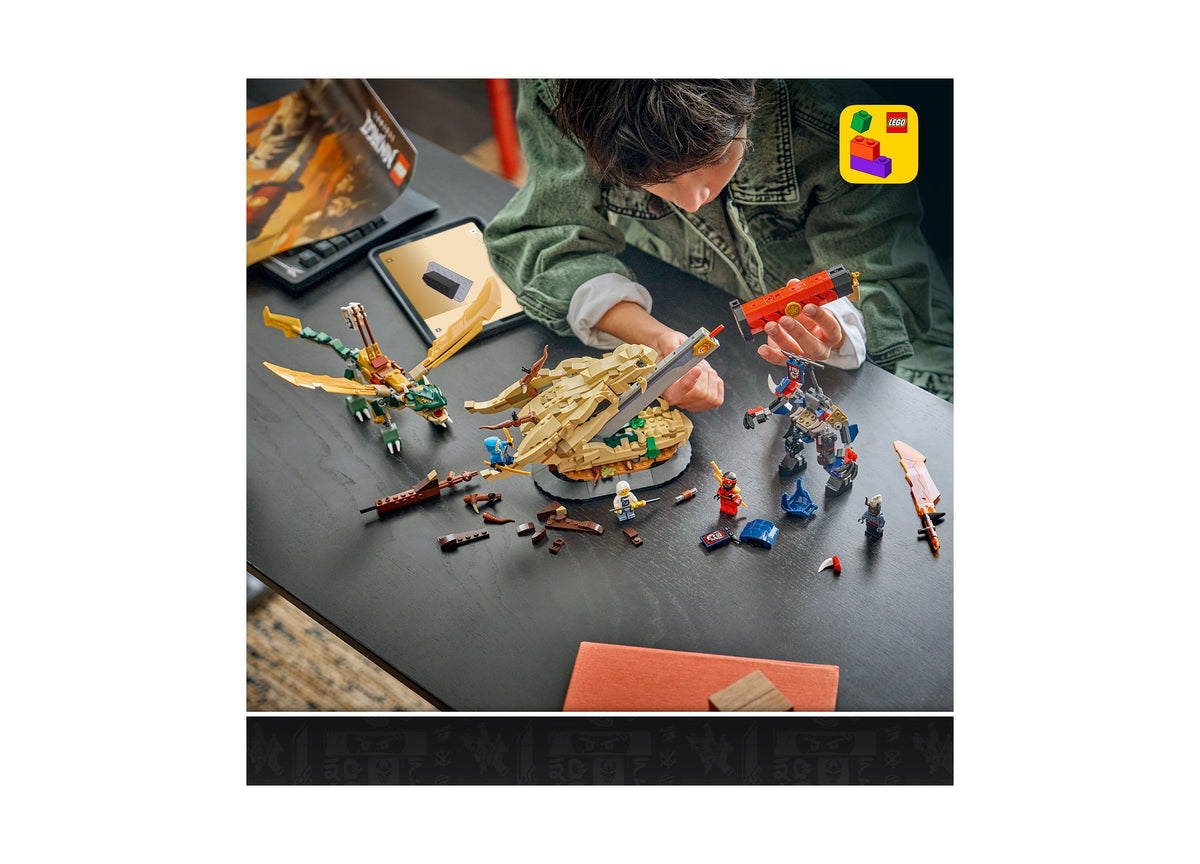 LEGO NINJAGO Battle at the Dragon's Blade 71871 set with golden dragon, minifigures, and weapons displayed on table