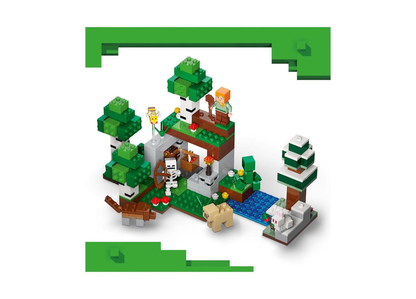 LEGO Minecraft First Night Adventure 21593 building set with minifigures, trees, and animals on green baseplate