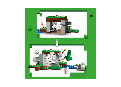 LEGO Minecraft First Night Adventure 21593 building set showing assembled structures with creeper and Steve minifigures