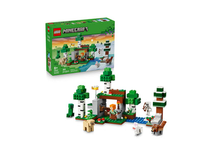 LEGO Minecraft First Night Adventure 21593 building set with 301 pieces featuring green trees, brown house, and chara...