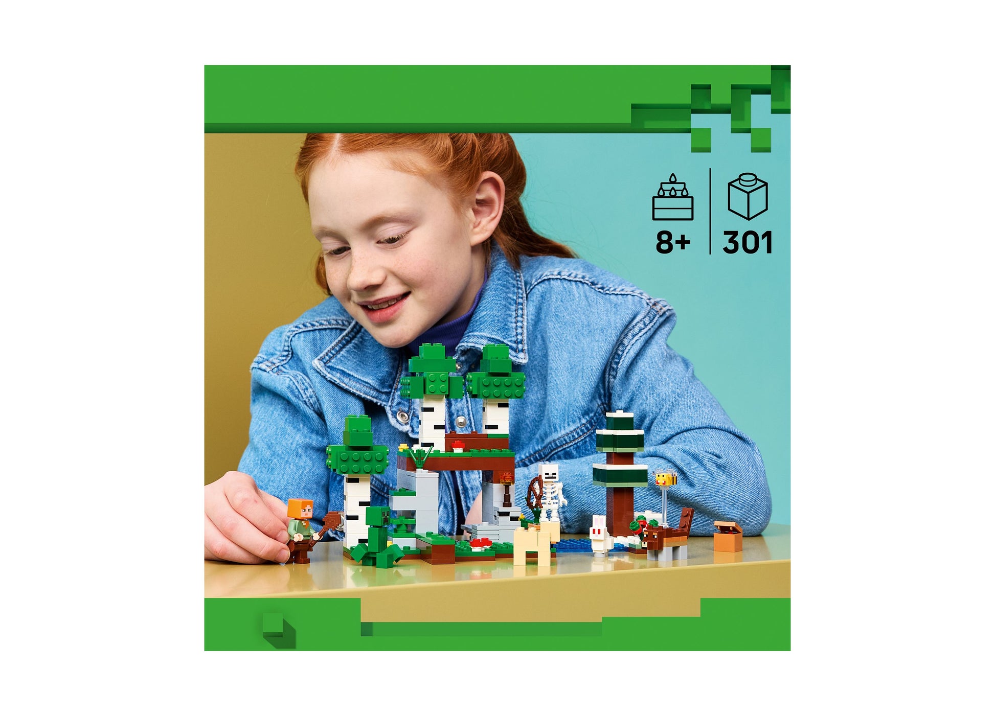 LEGO Minecraft First Night Adventure 21593 building set with 301 pieces for ages 8+, displayed by child
