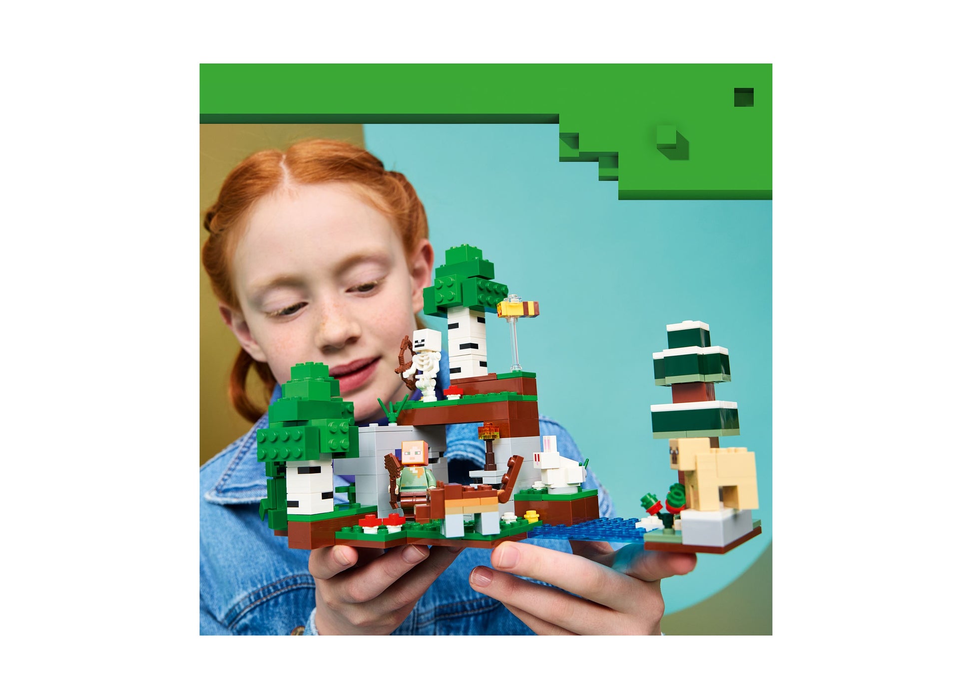 LEGO Minecraft First Night Adventure set with girl holding pixelated building blocks featuring trees, house, and char...