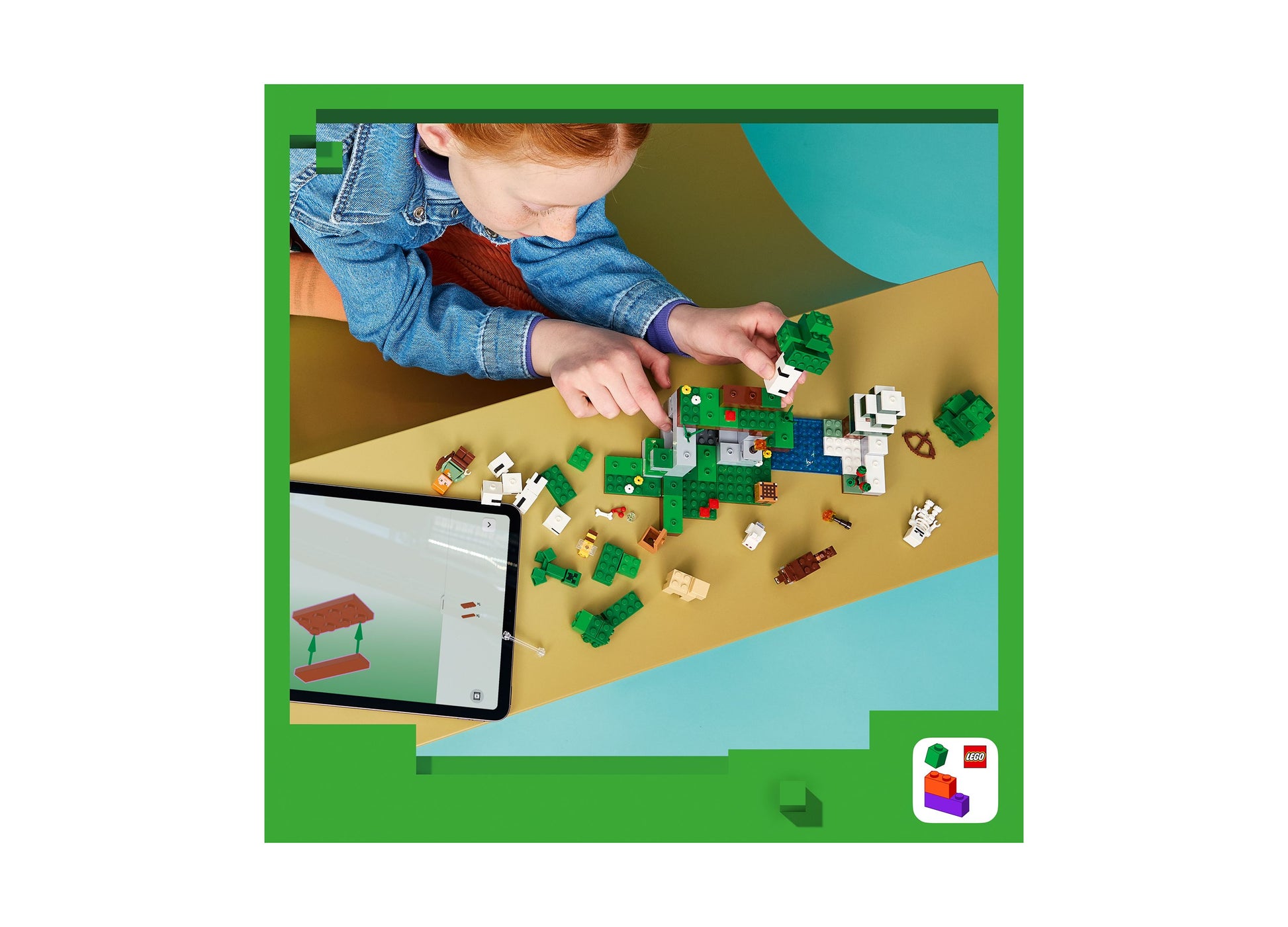 Child building LEGO Minecraft First Night Adventure set with green bricks and digital app on tablet