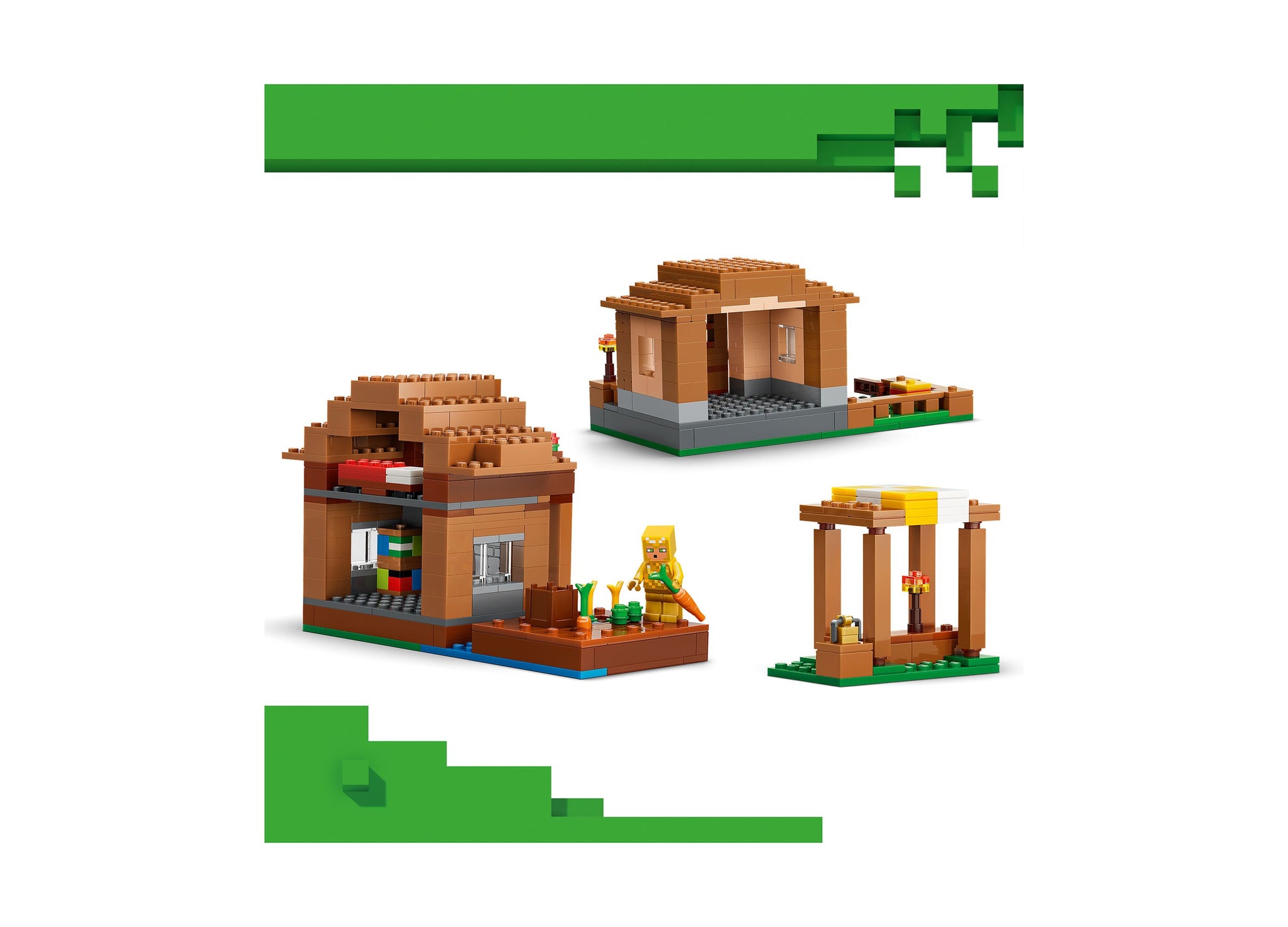 LEGO Minecraft Evoker Village Attack 21596 building set with brown village structures, green landscape, and minifigure