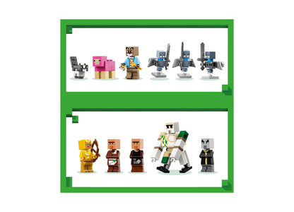 LEGO Minecraft Evoker Village Attack 21596 building set with 11 minifigures including Steve, villagers, and Evoker mobs
