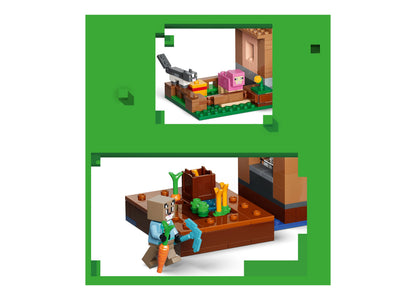 LEGO Minecraft Evoker Village Attack 21596 building set with pink character, black crow, and brown village structures