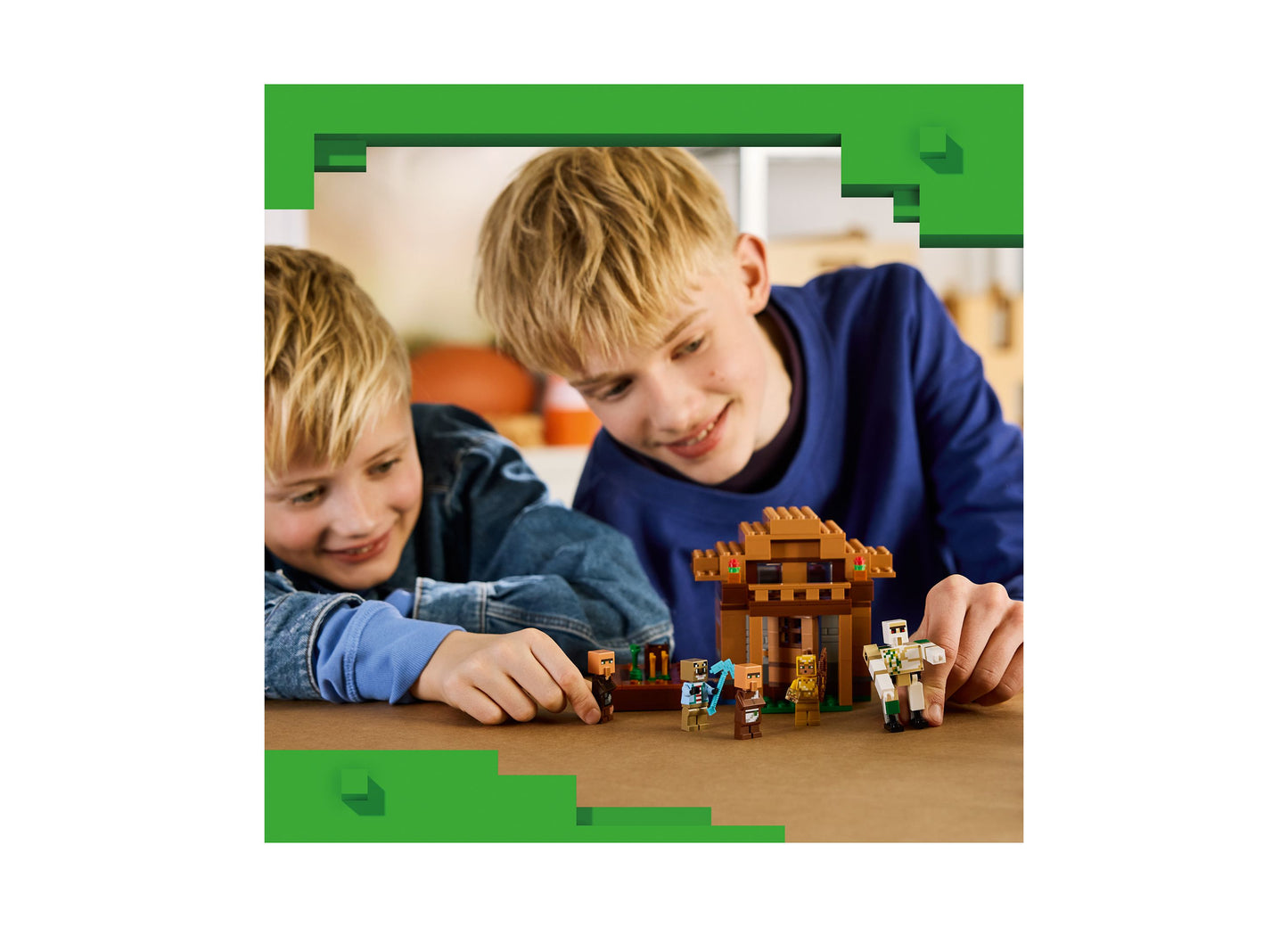 LEGO Minecraft Evoker Village Attack set with two children playing with brown wooden building and minifigures