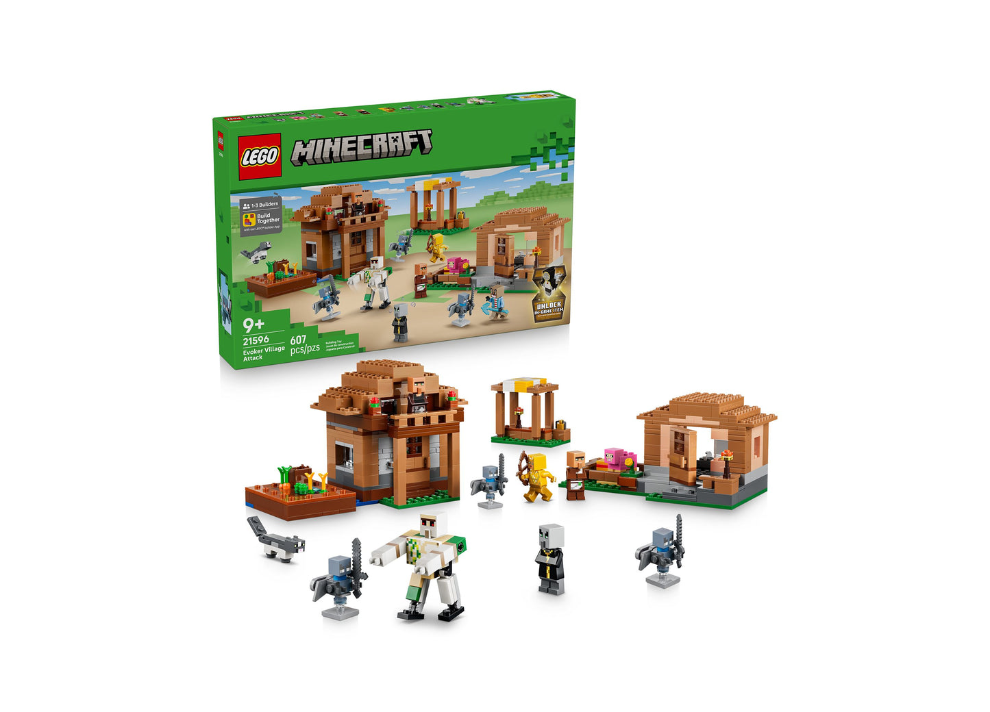 LEGO Minecraft Evoker Village Attack 21596 building set with brown structures, minifigures, and accessories