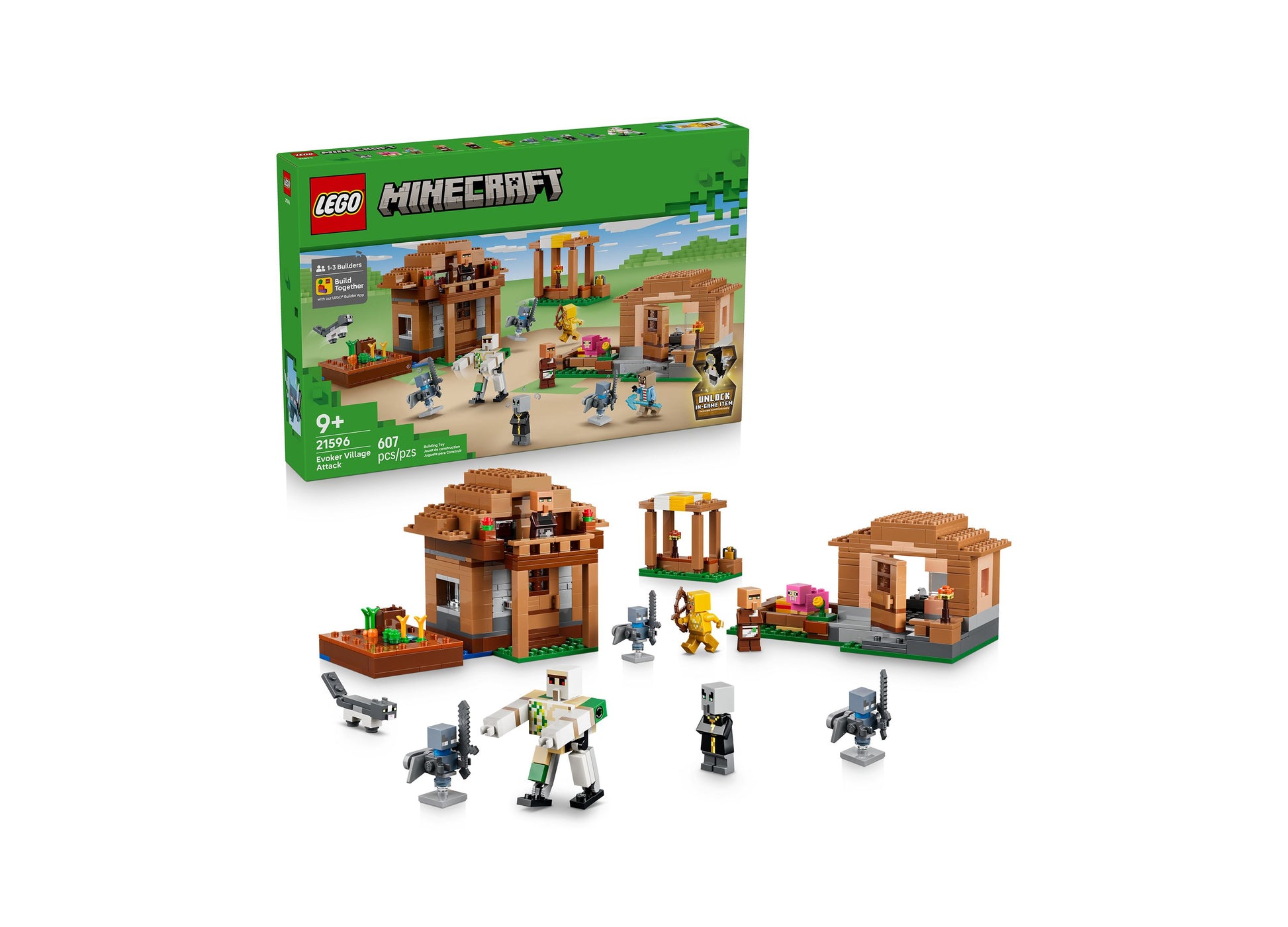 LEGO Minecraft Evoker Village Attack 21596 building set with brown structures, minifigures, and accessories