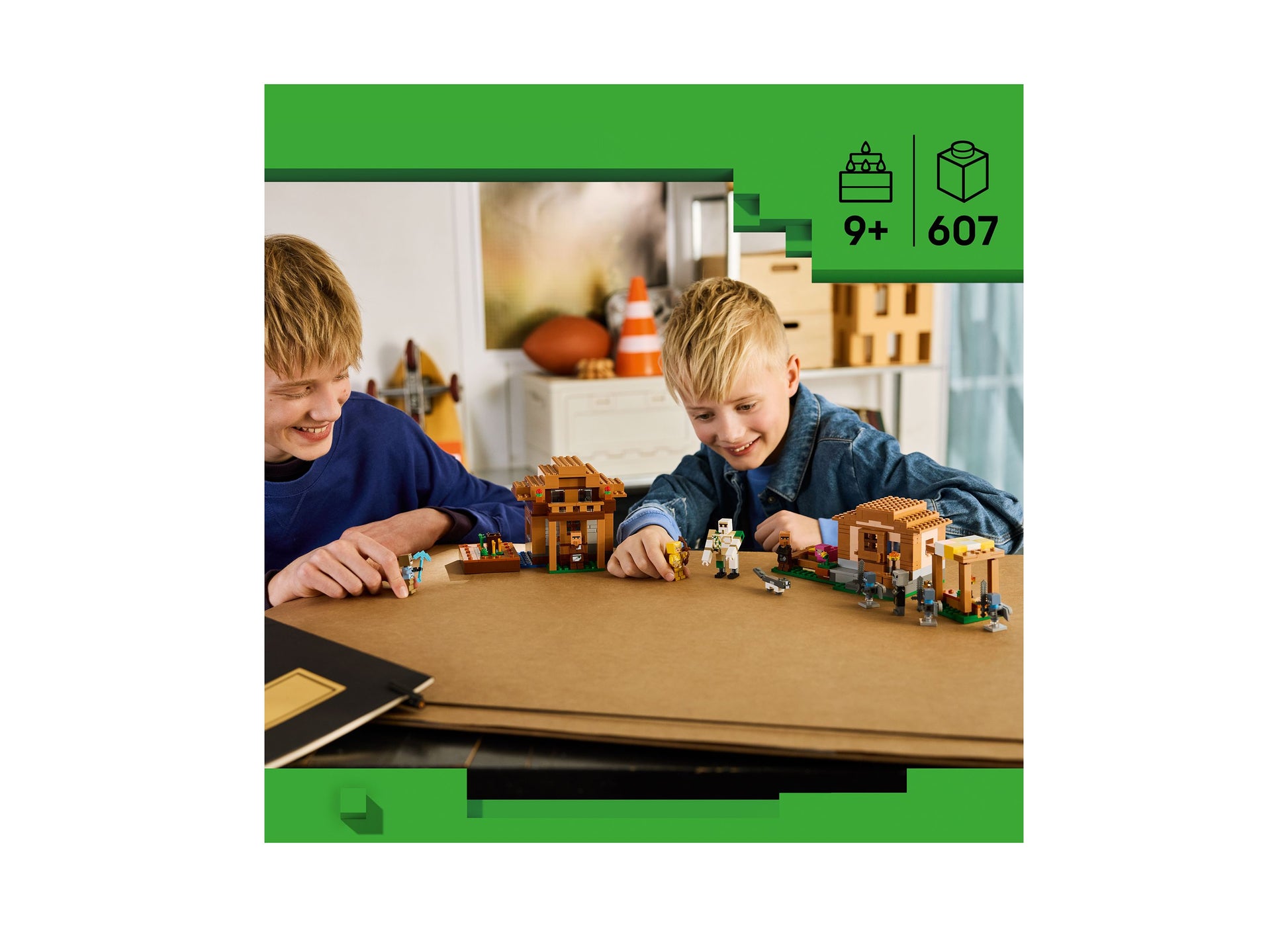 LEGO Minecraft Evoker Village Attack 21596 building set with 607 pieces for ages 9+