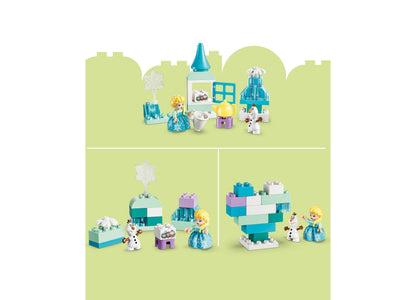 LEGO Disney Frozen Creative Box with Elsa and Olaf minifigures, blue castle tower, and colorful building blocks in tu...