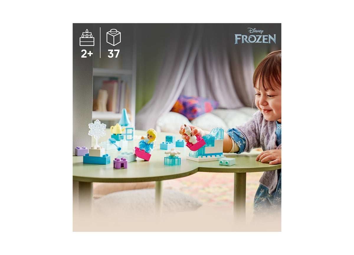 LEGO Disney Frozen Creative Box with Elsa and Olaf minifigures, blue and pink building blocks, and accessories arrang...
