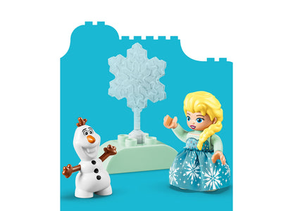 LEGO Disney Frozen Creative Box with Elsa and Olaf minifigures, snowflake tree, and accessories on turquoise background