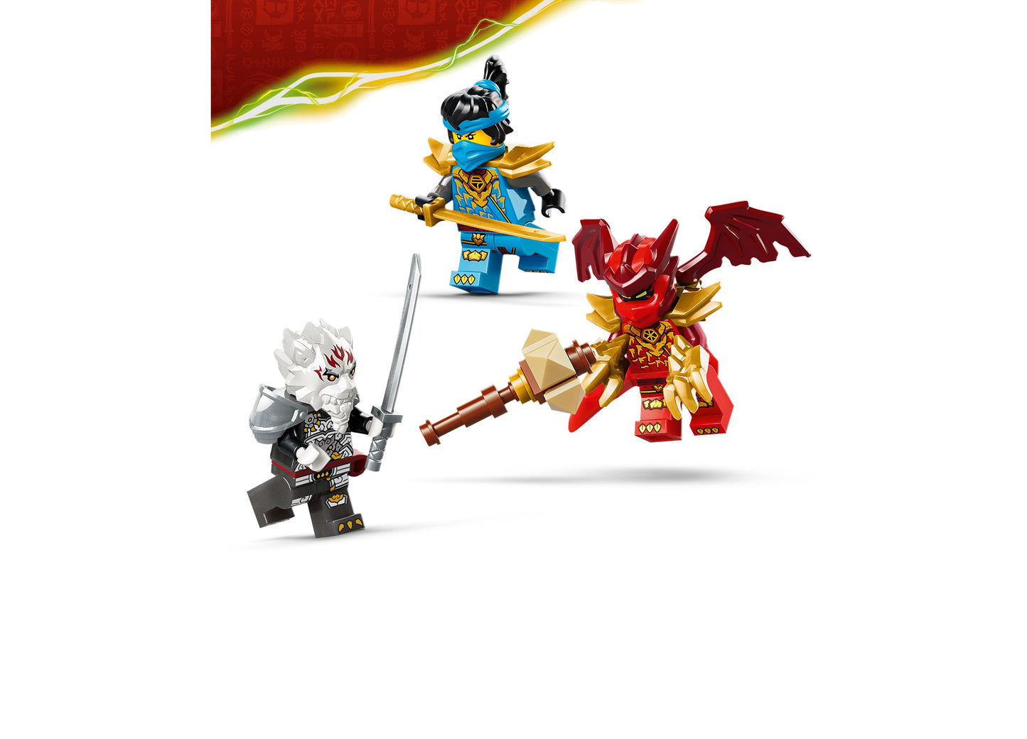LEGO NINJAGO Dragons Rising Zilvar and Grimtak Dragon Beast 71863 building set with blue ninja, white warrior, and re...