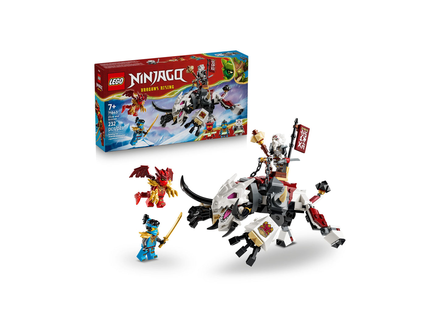 LEGO NINJAGO Dragons Rising Zilvar and Grimtak Dragon Beast 71863 building set with minifigures and black and white d...