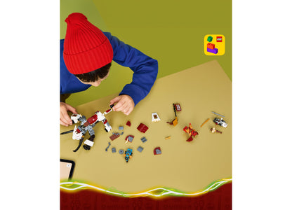 Child playing with LEGO NINJAGO Dragons Rising Zilvar and Grimak Dragon Beast set with red and white dragon figure