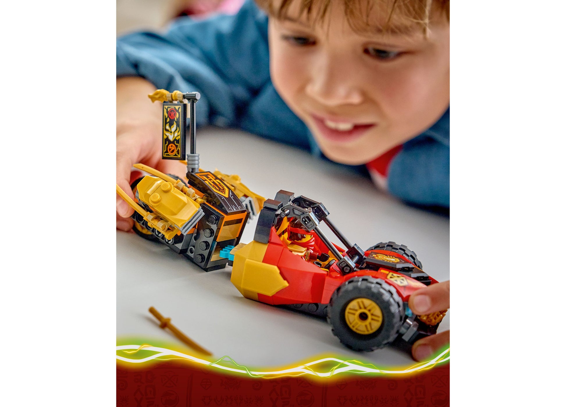 LEGO NINJAGO Kai and Cole's Combiner Vehicles 71864 red and yellow buildable toy cars with child playing
