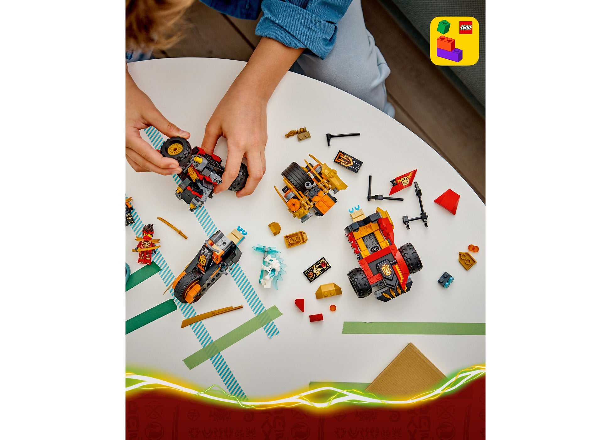 LEGO NINJAGO Kai and Cole's Combiner Vehicles 71864 set with red and orange buildable vehicles displayed on white sur...