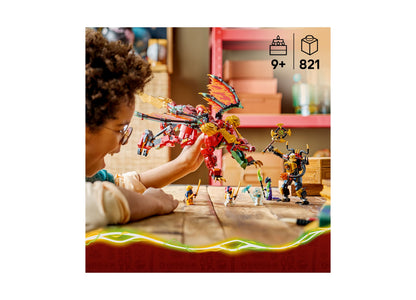 Child playing with LEGO NINJAGO Wyldfyre's Transforming Dragon Mech red and gold buildable set
