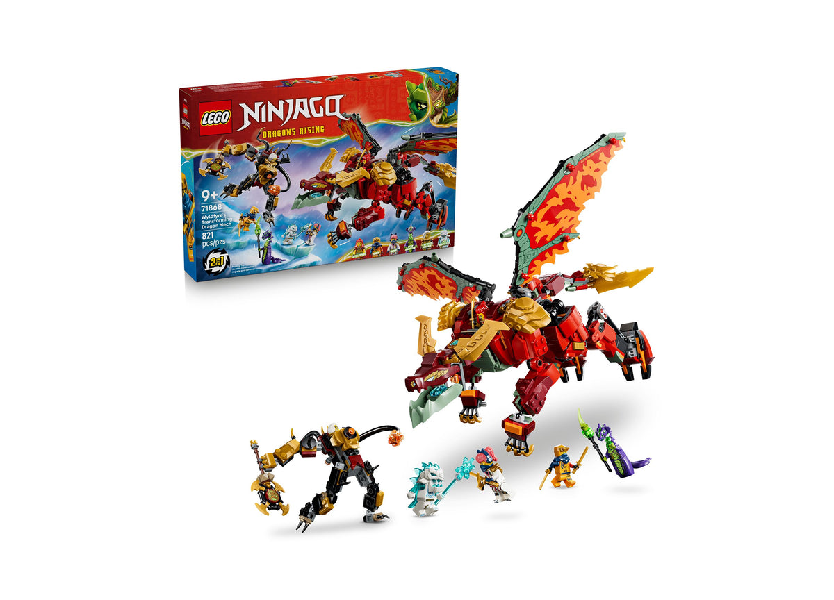 LEGO NINJAGO Dragons Rising Wyldfyre's Transforming Dragon Mech 71868 with red and gold dragon, minifigures, and box