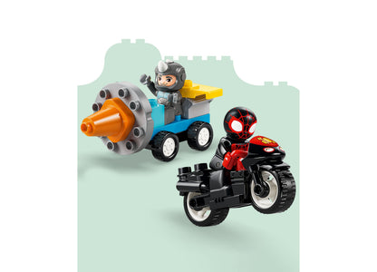 LEGO Marvel Team Spidey Webquarters 10464 building set with blue vehicle, red motorcycle, and minifigure