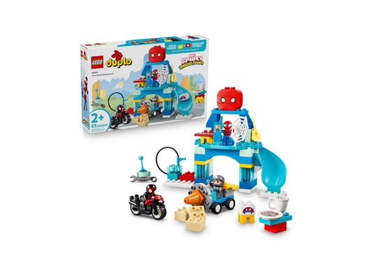 LEGO DUPLO Marvel Team Spidey Webquarters 10464 building set with red Spider-Man figure, blue headquarters, motorcycl...