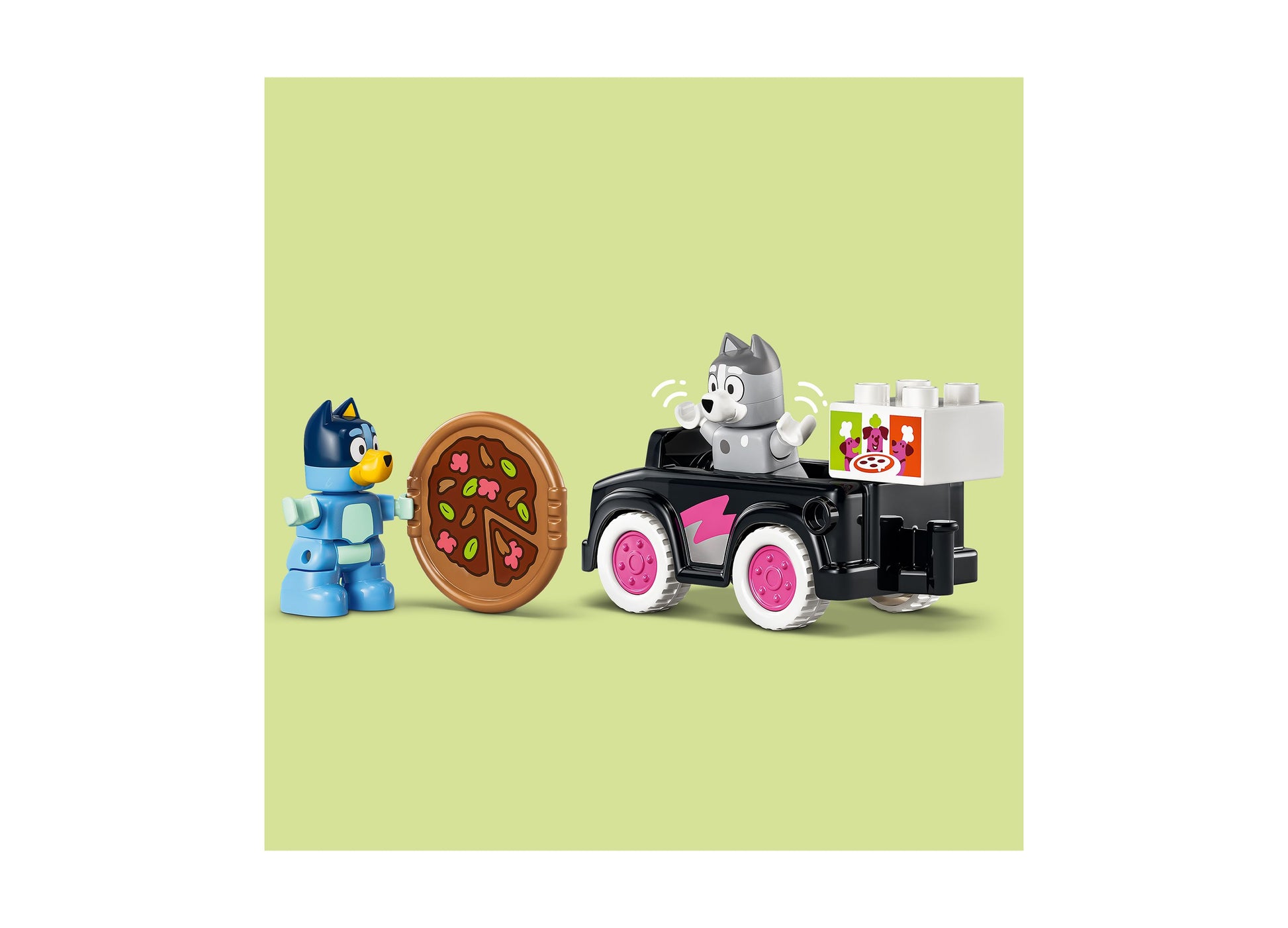 LEGO Bluey Pizza Girls set with blue Bluey figure, pizza piece, black car with pink wheels, and Muffin character