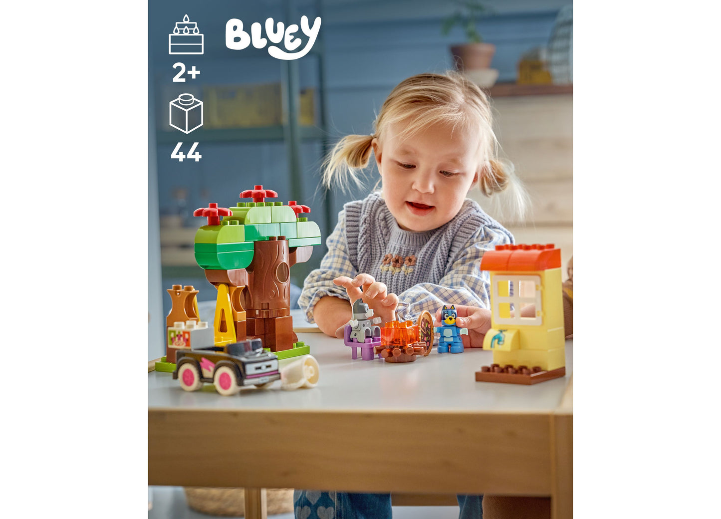 LEGO Bluey 10469 44-piece building set for ages 2+ with colorful blocks, tree house, and character figures