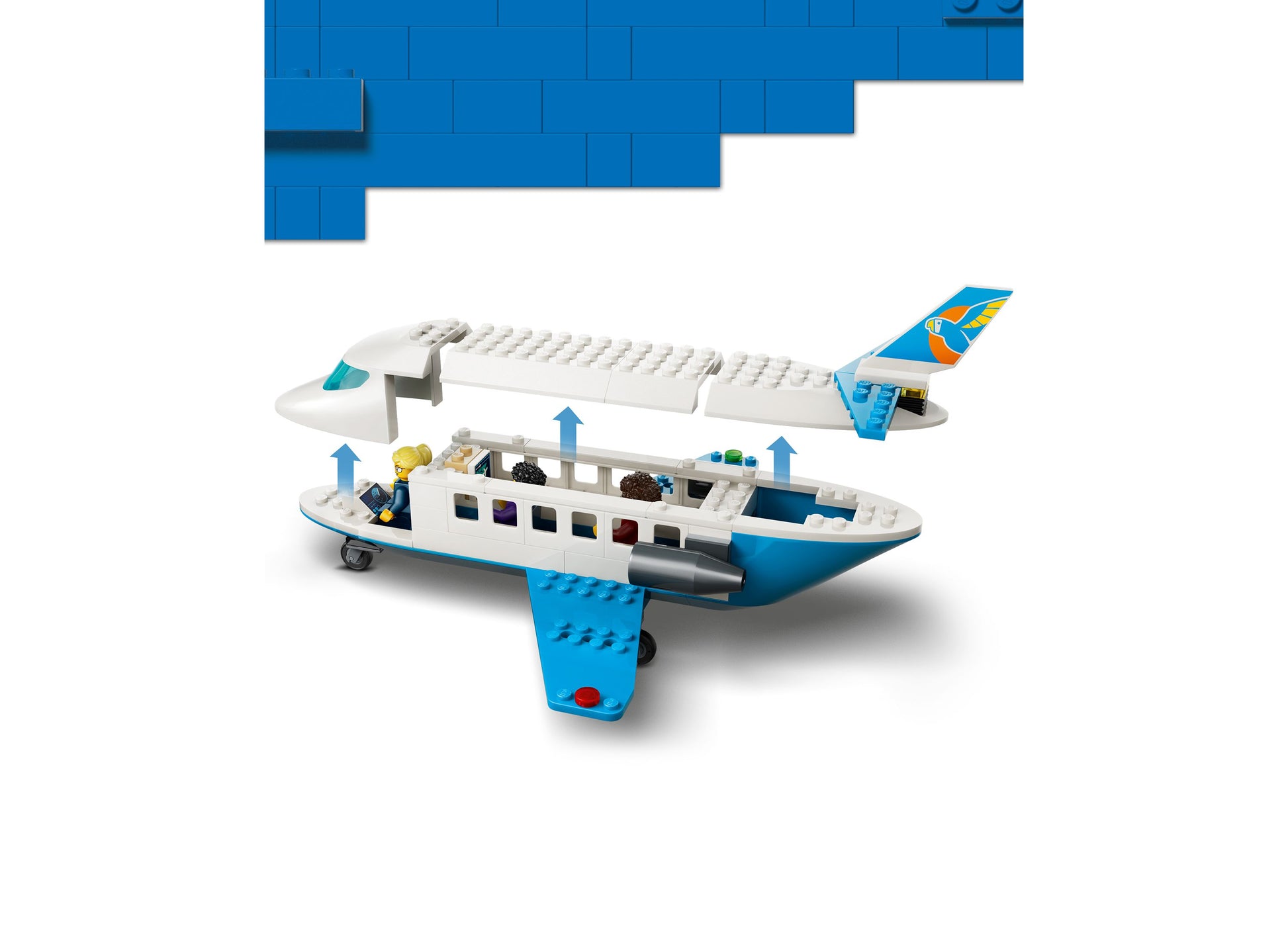 LEGO City Passenger Jet 60492 blue and white airplane building set with minifigure and instruction manual