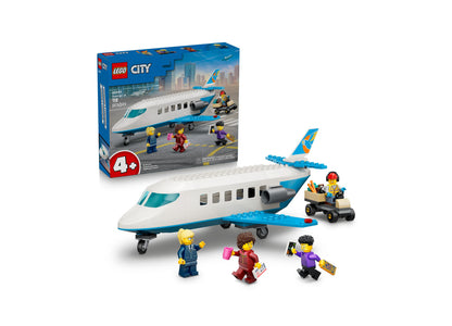 LEGO City Passenger Jet 60492 building set with white and blue airplane, minifigures, and ground vehicle