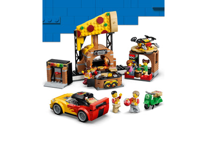 LEGO City Pizza Delivery Experience 60496 set with yellow pizza oven, red delivery car, green scooter, minifigures, a...