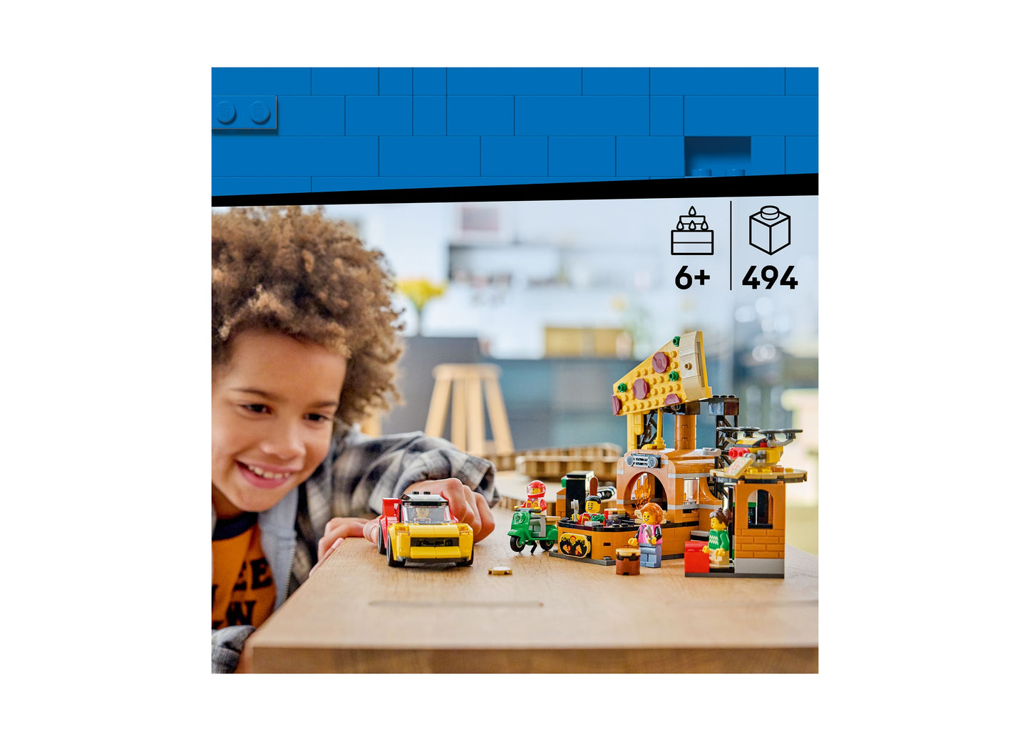 LEGO City Pizza Delivery Experience 60496 set with yellow vehicles and orange building, 494 pieces for ages 6+