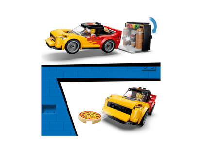 LEGO City Pizza Delivery Experience 60496 set with yellow delivery car, pizza shop, and pizza piece