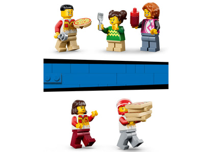LEGO City Pizza Delivery 60496 set with minifigures, blue building base, and pizza delivery vehicles