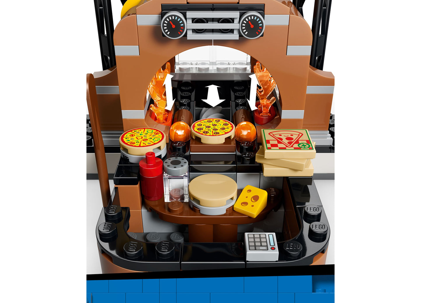 LEGO City Pizza Delivery Experience 60496 building set with brown pizza shop, vehicles, and minifigures