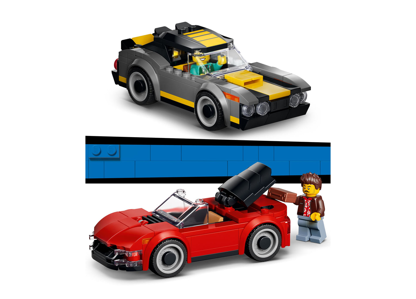 LEGO City Drive-Through Car Wash 60497 set with yellow and black race car, red convertible, and minifigure