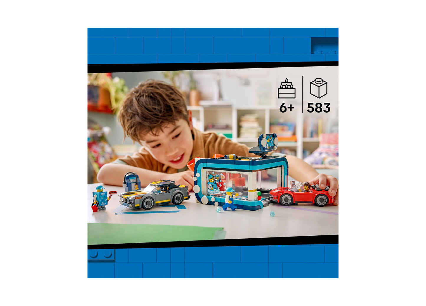 LEGO City Drive-Through Car Wash 60497 set with 583 pieces, featuring blue car wash building, red and black cars, and...