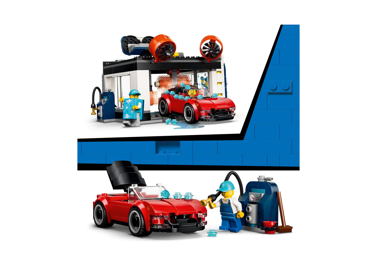 LEGO City Drive-Through Car Wash 60497 building set with red car, blue gas station, and minifigures