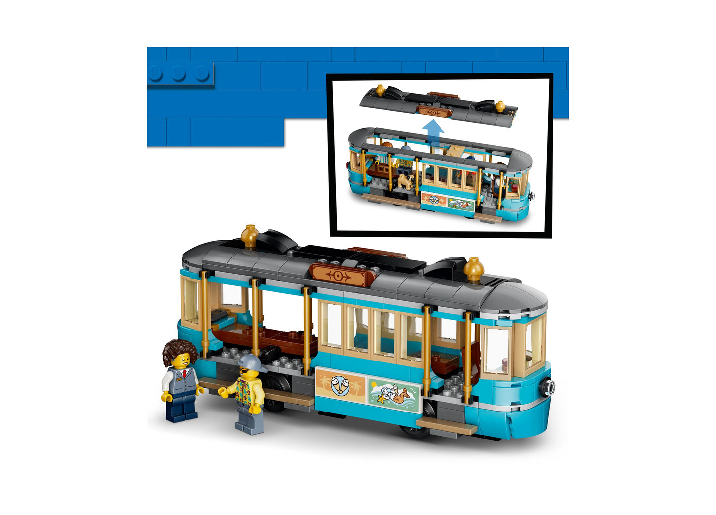 LEGO City Classic Beach Streetcar 60506 turquoise and gray trolley with minifigures