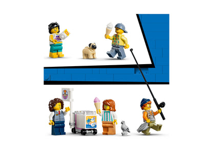 LEGO City Classic Beach Streetcar 60506 set with minifigures, pug, ice cream cart, and fishing character