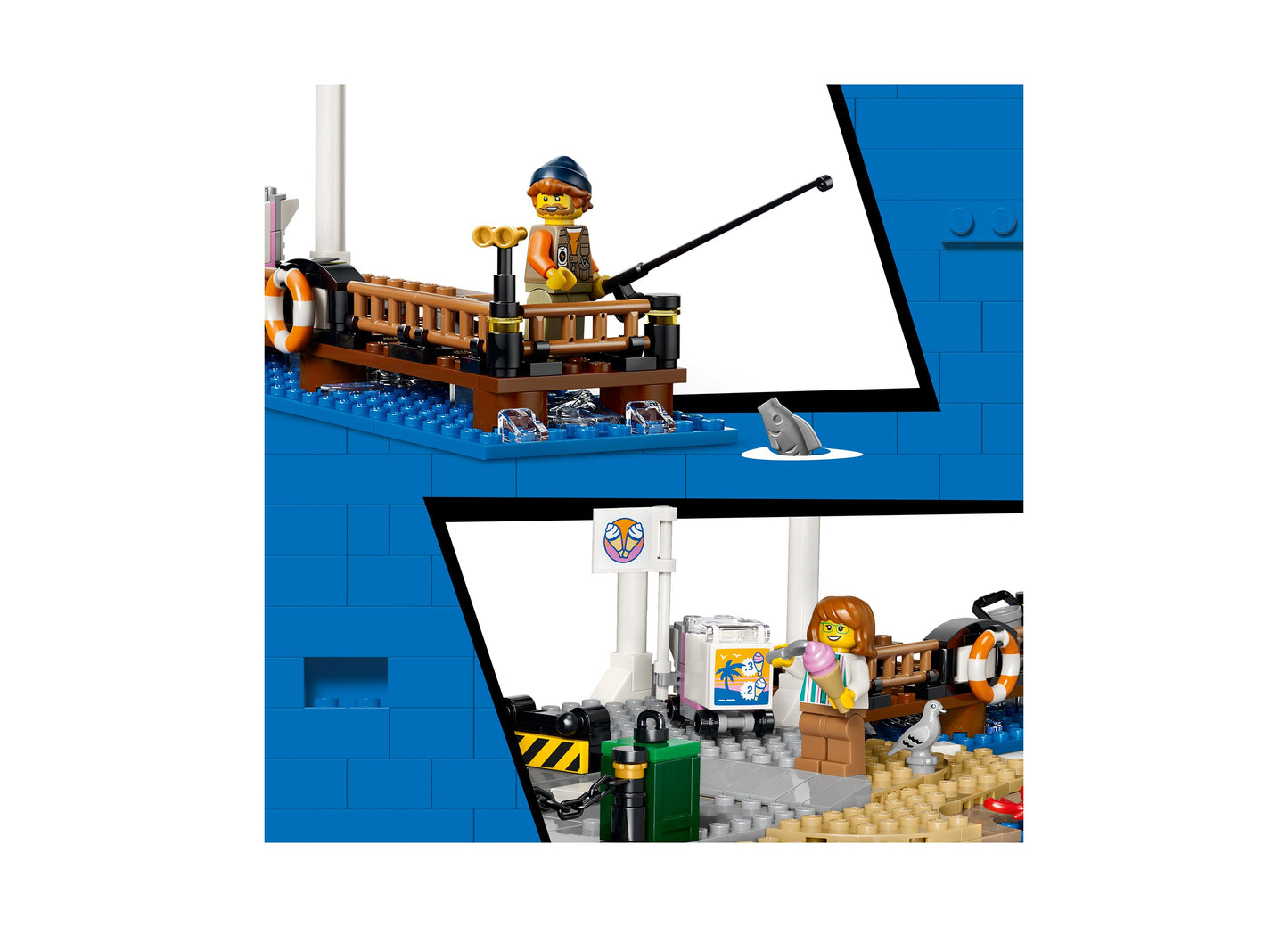 LEGO City Classic Beach Streetcar 60506 set with blue dock, brown boat, minifigures, and shark