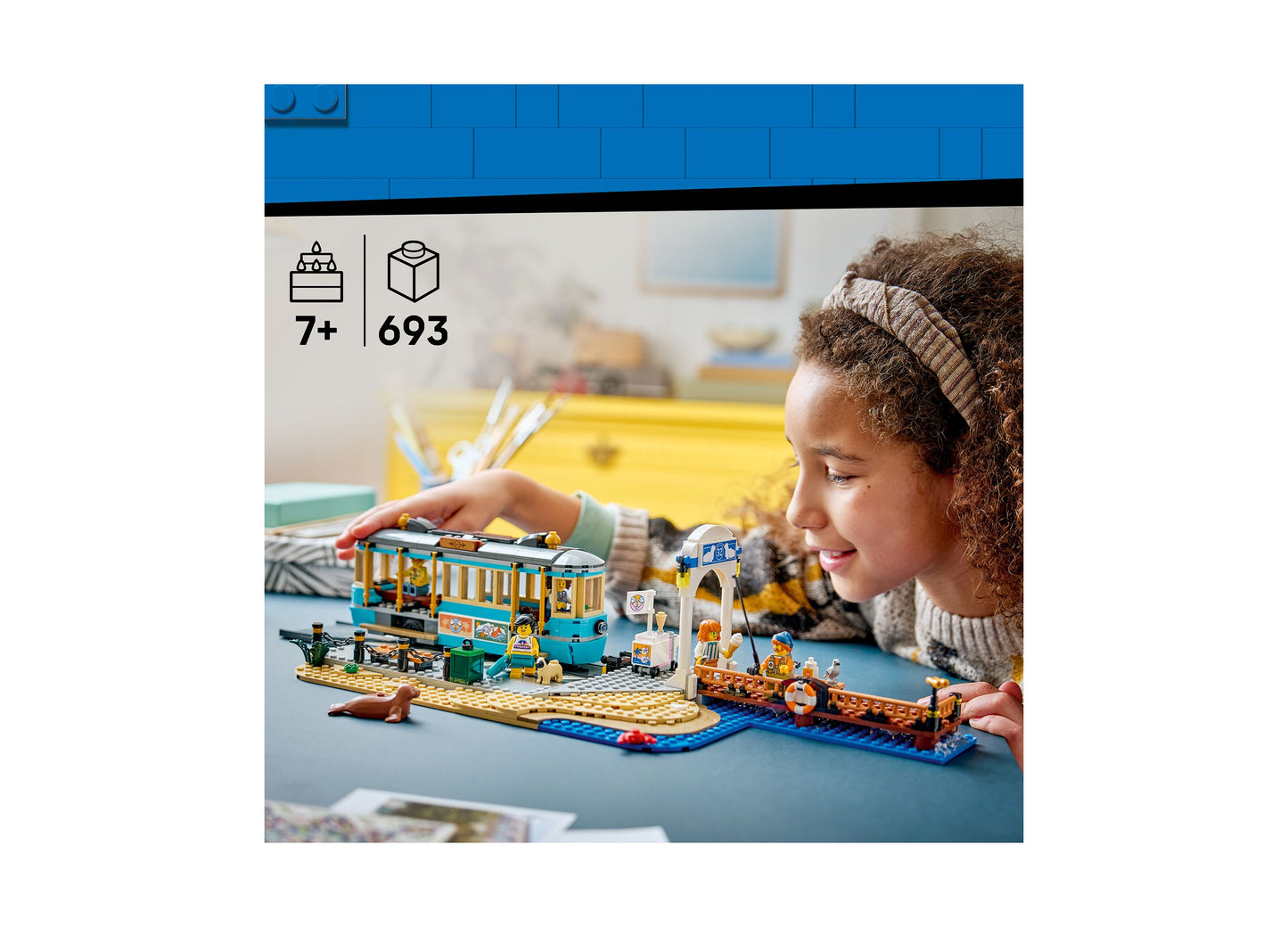 LEGO City Classic Beach Streetcar 60506 building set with blue streetcar and dock, 693 pieces for ages 7+