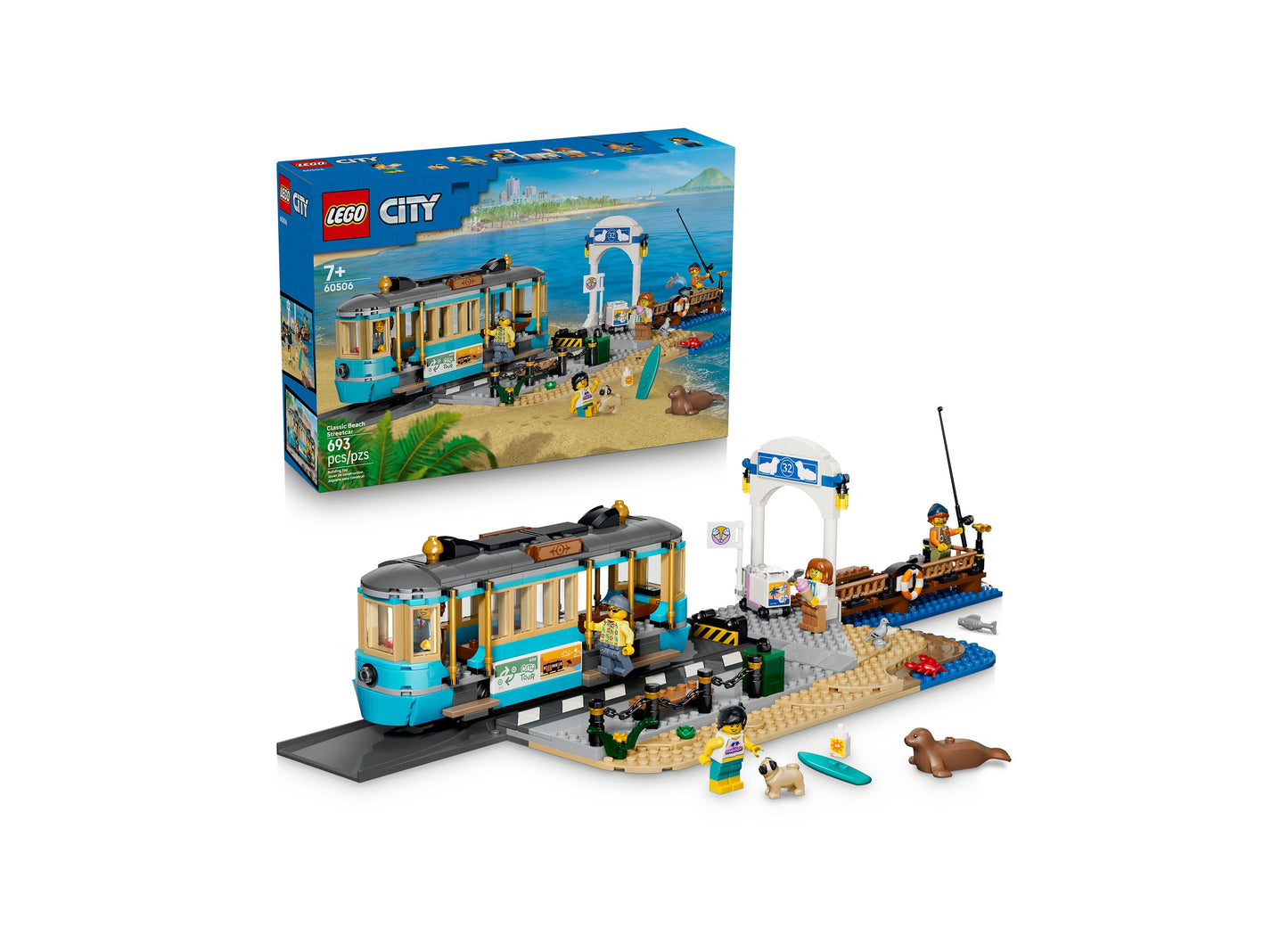 LEGO City Classic Beach Streetcar 60506 building set with blue tram, dock, boat, and minifigures on sandy beach