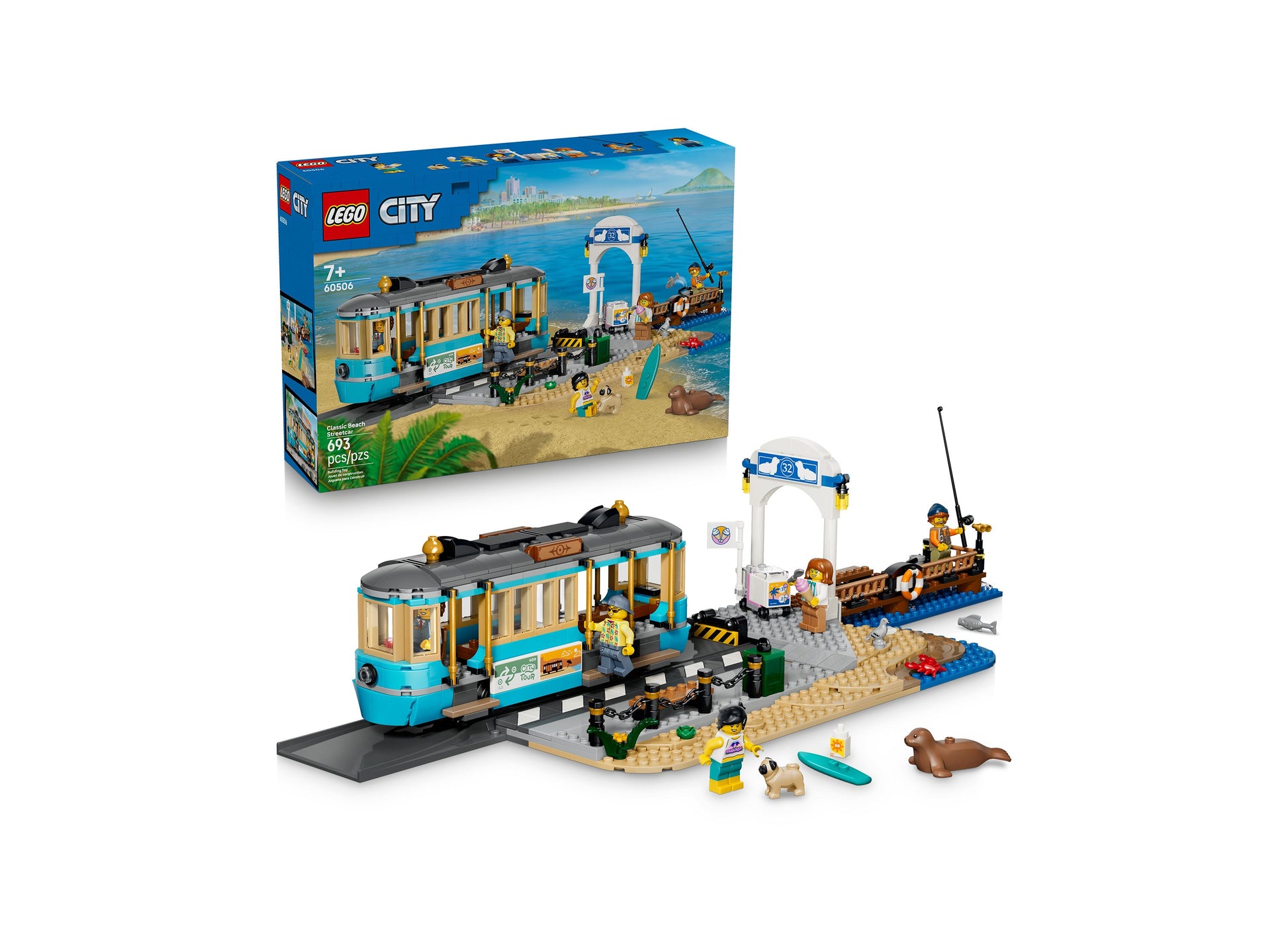LEGO City Classic Beach Streetcar 60506 building set with blue tram, dock, boat, and minifigures on sandy beach
