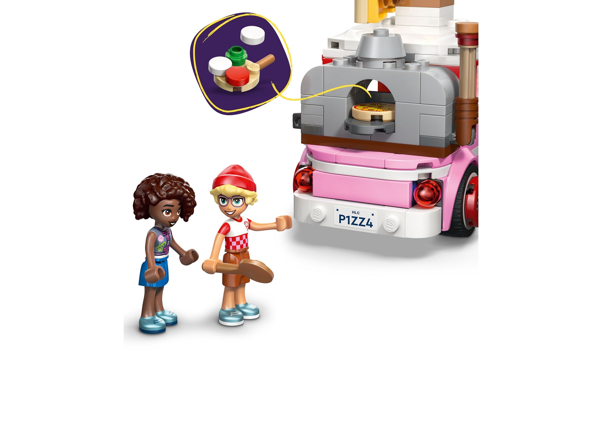 LEGO Friends Pizza Truck 42694 pink and gray building set with two minifigures and pizza accessories