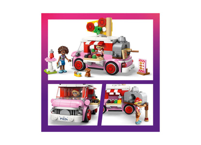 LEGO Friends Pizza Truck 42694 building set with pink food truck, minifigures, and accessories